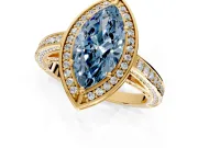 Halo Engagement Ring Setting for Fancy Blue Marquise Center with Framed Halo, Pave Band and Prong Head in Yellow Gold