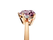 3 Stone Engagement Ring Setting for Fancy Pink Heart-Shaped Center with Low-Set Round Cut Accents and Prong Head in Rose Gold