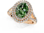 Double Halo Engagement Ring Setting for Fancy Green Oval Center with Narrow Pave Split Shank and Prong Head in Rose Gold