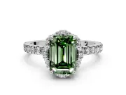 Halo Engagement Ring Setting for Fancy Green Emerald Cut Center with Openwork Halo, Pave Band and Prong Head in Sterling Silver