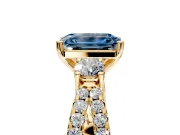 3 Stone Engagement Ring Setting for Fancy Blue Emerald Cut Center with Pave Split Shank and Prong Head in Yellow Gold