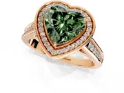 Halo Engagement Ring Setting for Fancy Green Heart-Shaped Center with Outer Bezel Rim, Pave Band and Prong Head in Rose Gold