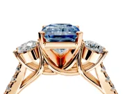 3 Stone Engagement Ring Setting for Fancy Blue Radiant Cut Center with Crossover Basket, Pave Band and Prong Head in Rose Gold