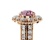 Large Accent Halo Engagement Ring Setting for Fancy Pink Round Cut Center with Pave Split Shank and Prong Head in Rose Gold