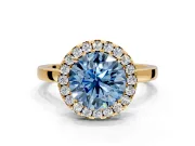 Halo Engagement Ring Setting for Fancy Blue Round Cut Center with Thin Plain Band and Prong Head in Yellow Gold