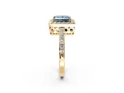 Halo Engagement Ring Setting for Fancy Blue Princess Cut Center with Heart-Shaped Openwork, Pave Band and Prong Head in Yellow Gold