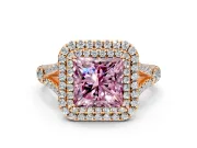 Double Halo Engagement Ring Setting for Fancy Pink Princess Cut Center with Narrow Pave Split Shank and Prong Head in Rose Gold