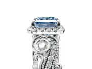 Milgrain Halo Engagement Ring Setting for Fancy Blue Princess Cut Center with Shoulder Bezels and Prong Head in White Gold