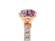 Open Basket Engagement Ring Setting for Fancy Pink Round Cut Center with Pave Band and Prong Head in Rose Gold