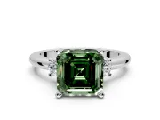 3 Stone Engagement Ring Setting for Fancy Green Asscher Cut Center with Wide Plain Band and Prong Head in White Gold