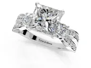 3 Stone Engagement Ring Setting for Princess Cut Center with Pave Twist Band and Prong Head in White Gold