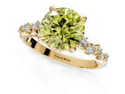 Solitaire Engagement Ring Setting for Fancy Yellow Round Cut Center with Trailing Leaf Accent Band and Prong Head in Yellow Gold
