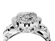Halo Engagement Ring Setting for Heart-Shaped Center with Open Scroll Shoulders and Prong Head in White Gold