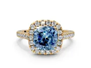 Halo Engagement Ring Setting for Fancy Blue Cushion Cut Center with Narrowing Pave Band and Prong Head in Yellow Gold