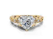 Solitaire Engagement Ring Setting for Heart-Shaped Center with Filigree Band and Prong Head in Yellow Gold