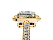 Milgrain Halo Engagement Ring Setting for Radiant Cut Center with Three-Sided Pave Band and Prong Head in Yellow Gold