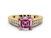 Solitaire Engagement Ring Setting for Fancy Pink Asscher Cut Center with Engraved Pave Band and Prong Head in Yellow Gold