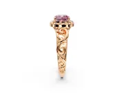 Halo Engagement Ring Setting for Fancy Pink Cushion Cut Center with Open Scroll Shoulders and Prong Head in Rose Gold