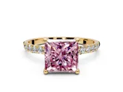 Solitaire Engagement Ring Setting for Fancy Pink Princess Cut Center with Pave Accents and Prong Head in Yellow Gold