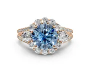 Halo Engagement Ring Setting for Fancy Blue Round Cut Center with Two-Strand Split Shank and Prong Head in Rose Gold