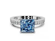 Solitaire Engagement Ring Setting for Fancy Blue Princess Cut Center with Milgrain-Edged Pave Band and Prong Head in Sterling Silver