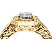 Milgrain Halo Engagement Ring Setting for Emerald Cut Center with Pave Band and Prong Head in Yellow Gold