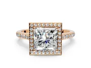 Halo Engagement Ring Setting for Princess Cut Center with Pave Accents, Heart Basket and Prong Head in Rose Gold