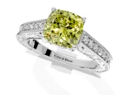 Solitaire Engagement Ring Setting for Fancy Yellow Cushion Cut Center with Engraved Pave Band and Prong Head in Platinum