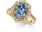 Milgrain Halo Engagement Ring Setting for Fancy Blue Oval Center with Bezel Point Accents and Prong Head in Yellow Gold