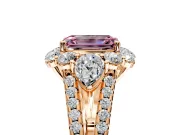 Halo Engagement Ring Setting for Fancy Pink Emerald Cut Center with Two-Strand Split Shank and Prong Head in Rose Gold
