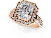 Halo Engagement Ring Setting for Radiant Cut Center with Outer Bezel Rim, Pave Band and Prong Head in Rose Gold