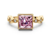 Milgrain Bezel Engagement Ring Setting for Fancy Pink Princess Cut Center with Marquise Stations and Bezel Head in Yellow Gold