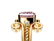 Solitaire Engagement Ring Setting for Fancy Pink Princess Cut Center with Twisted Band and Scroll Prong Head in Yellow Gold