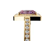 Halo Engagement Ring Setting for Fancy Pink Emerald Cut Center with Framed Halo, Pave Band and Prong Head in Yellow Gold