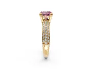 Solitaire Engagement Ring Setting for Fancy Pink Cushion Cut Center with Multi-Row Pave Accents and Basket Head in Yellow Gold