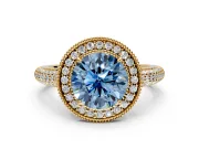 Milgrain Halo Engagement Ring Setting for Fancy Blue Round Cut Center with Three-Sided Pave Band and Prong Head in Yellow Gold