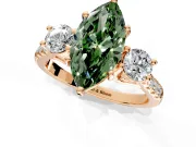 3 Stone Engagement Ring Setting for Fancy Green Marquise Center with Crossover Basket, Pave Band and Prong Head in Rose Gold