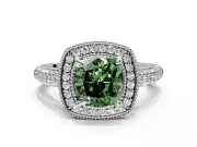 Milgrain Halo Engagement Ring Setting for Fancy Green Cushion Cut Center with Three-Sided Pave Band and Prong Head in Platinum