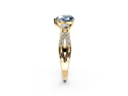 3 Stone Engagement Ring Setting for Fancy Blue Heart-Shaped Center with Pave Split Shank and Prong Head in Yellow Gold