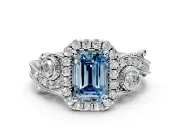 Milgrain Halo Engagement Ring Setting for Fancy Blue Emerald Cut Center with Shoulder Bezels and Prong Head in Platinum