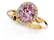 Halo Engagement Ring Setting for Fancy Pink Oval Center with Tapered Plain Band and Prong Head in Yellow Gold