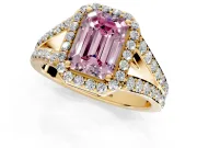 Halo Engagement Ring Setting for Fancy Pink Emerald Cut Center with Narrow Pave Split Shank and Prong Head in Yellow Gold