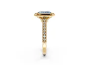 Halo Engagement Ring Setting for Fancy Blue Radiant Cut Center with Milgrain Pave Band and Bezel Head in Yellow Gold