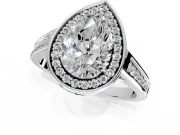 Halo Engagement Ring Setting for Pear-Shaped Center with Outer Bezel Rim, Pave Band and Prong Head in Platinum