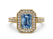 Halo Engagement Ring Setting for Fancy Blue Emerald Cut Center with Milgrain Halo, Pave Band and Prong Head in Yellow Gold