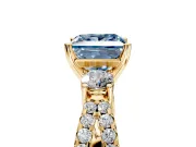 3 Stone Engagement Ring Setting for Fancy Blue Princess Cut Center with Pave Split Shank and Prong Head in Yellow Gold