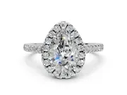 Halo Engagement Ring Setting for Pear-Shaped Center with Raised Halo, Pave Band and Prong Head in Platinum