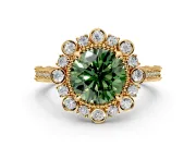 Milgrain Halo Engagement Ring Setting for Fancy Green Round Cut Center with Bezel Point Accents and Prong Head in Yellow Gold