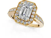 Bezel-Framed Halo Engagement Ring Setting for Emerald Cut Center with Pave Band and Prong Head in Yellow Gold