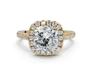 Halo Engagement Ring Setting for Cushion Cut Center with Narrowing Pave Band and Prong Head in Yellow Gold